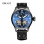 OBLVLO Military Watches for Men Blue Dial Automatic Watches with Moon Phase Complete Calendar Leather Strap Watches OBL8232