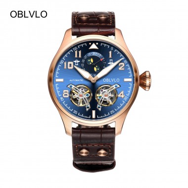 OBLVLO Mens Sport Watches Blue Dial Rose Gold Automatic Watches Tourbillon Calendar Pilot Watches OBL8232