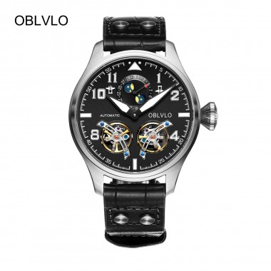 OBLVLO Mens Military Watches Luminous Steel Watch Calendar Tourbillon Automatic Watches Genuine Leather Strap OBL8232