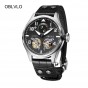 OBLVLO Mens Military Watches Luminous Steel Watch Calendar Tourbillon Automatic Watches Genuine Leather Strap OBL8232