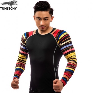 TUNSECHY Brand Hot Selling Fashion Men Digital Printing T-Shirt Quick Dry Long Sleeve Men Bodybuilding Compression Tight T Shirt