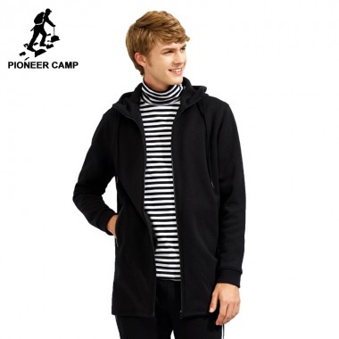 Pioneer Camp Spring Long Fleece Jacket Men Brand-Clothing Solid Black Hooded Coat Male Quality 100% Cotton Outerwear AJK702352