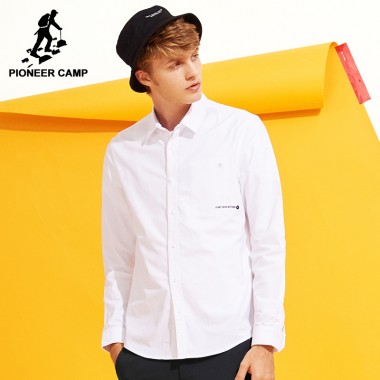 Pioneer Camp New Casual Shirt Men Brand Clothing Simple Small Letter Printed Long Sleeve Shirt Male 100% Cotton White ACC701364