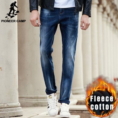 Pioneer Camp Autumn Winter Warm Jeans Men Brand Clothing Thick Fleece Denim Pants Male Top Quality Men Denim Trousers 611039