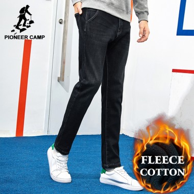 Pioneer Camp Thick Fleece Warm Jean Men Brand Clothing Autumn Winter Black Denim Pants Male Quality Solid Trousers ANZ710001