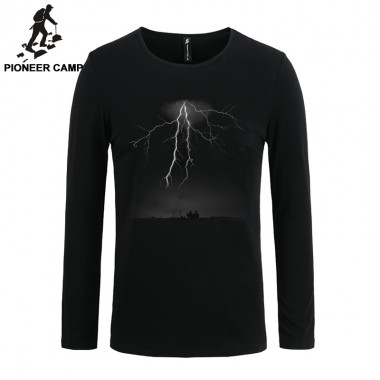 Pioneer Camp Fashion T-Shirt Men Long Sleeve Lightning Print Casual Cotton Male Tshirts Slim Elastic 3D Male Long Sleeve T Shirt