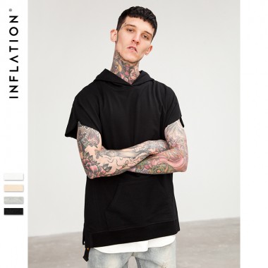 INFLATION 2018 Oversized Cut-Off Short Sleeve Hoodie Mens Hooded T Shirt Solid Hem Hip Hop Top Tees Plus Size Men Tshirt 8181S