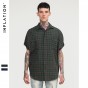 INFLATION Cut-Off Short Sleeve Plaid Casual Shirts Brand Spring Summer Shirt Hip Hop Streetwear Loose Mens Dress Shirts 8358S