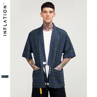 INFLATION Newest Fashion Streetwear Mens Checked Short Sleeve Shirt Janpanese Style Kimono Plaid Shirt Loose Men Clothes 8353S