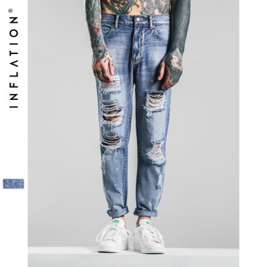 INFLATION 2016 Autumn Streetwear Ankle-Length Pants Mens Light Blue Jeans Brand Ripped Jeans For Men Jeans Men