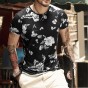 2018 Summer New Black Casual Leaves Printed T-Shirt Mens Fashion Round Neck Flower Cotton Top Tees Short Sleeve Brand Clothing