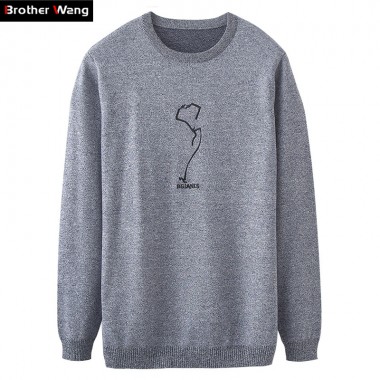 Brother Wang 2017 Autumn New Men Casual Sweater Fashion Simple Embroidered Round Neck Slim Sweater Brand Clothes
