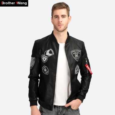 Brother Wang 2017 Fall New Mens Black Leather Jacket Fashion Personality Embroidery Slim Bomber Jacket Coat Male Brand Clothing