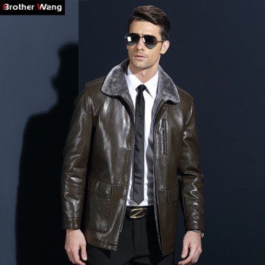 2017 Winter New Mens Leather Jacket Fashion Fur One Long Section PU Leather Clothing Business Men Warm Coat Brand Clothes
