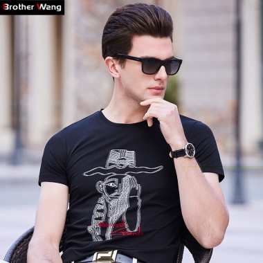 Brother Wang Brands 2018 New Summer Mens Short-Sleeved T-Shirt Fashion Casual 3D Printing Slim T-Shirt Male Clothes 100 Cotton