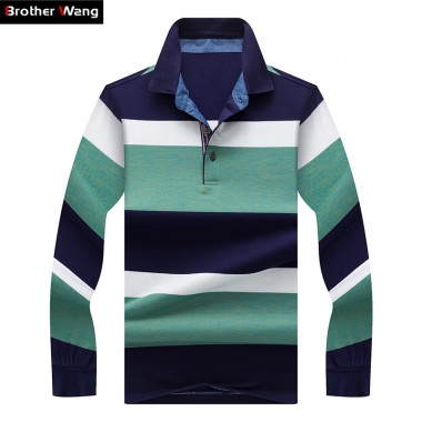 Brother Wang Brand 2018 Spring New Mens Striped POLO Shirt Business Casual Casual Cotton Long-Sleeved Polo Shirt