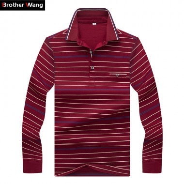 Brother Wang 2018 Spring New Mens Polo Shirt Business Casual Fashion Brand Long Sleeve Stripe Polo Shirt Straight Tops