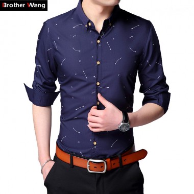 Brother Wang Mens Printing Shirt 2017 New Male Casual Slim Long Shirt Hawaiian Shirt Brand Clothes