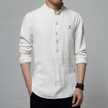 Mens Casual Long-Sleeved Shirt Fashion Chinese Style Embroidery M Long Shirt Cotton Mens Shirt Collar Thickening