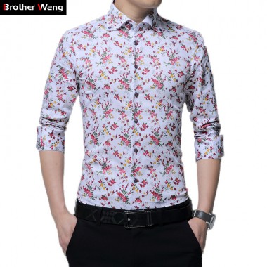 Brother Wang 2017 New Mens Hawaiian Flower Shirt Fashion Casual Men Slim Large Size Long Sleeve Shirt Brand Clothes