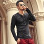 2018 Men Long Sleeve Washed V Neck Slim T-Shirt Men Solid Color Retro Casual Cotton T-Shirt High Quality European Style T-Shirt