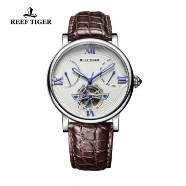 Reef Tiger/RT Casual Tourbillon Automatic Watches with Date Day Steel Alligator Strap Designer Watch for Men RGA191