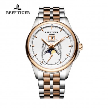 Reef Tiger/RT Men's Luxury Business Watches Big Date Two Tone Rose Gold Moon Phase Watches for Men RGA1928