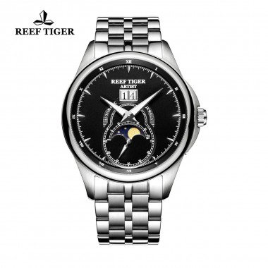 Reef Tiger/RT Vintage and Fashion Watches for Men Moon Phase Stainless Steel Watches Big Date Automatic Watch RGA1928