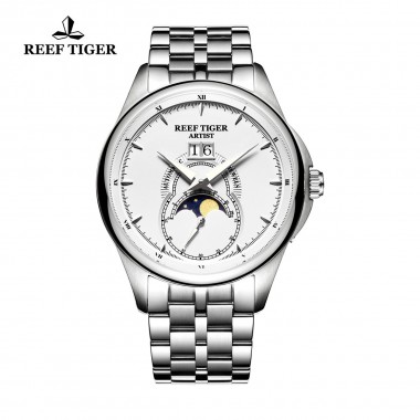 Reef Tiger/RT Vintage Watches for Men Moon Phase Stainless Steel Watches Big Date Automatic Watch RGA1928