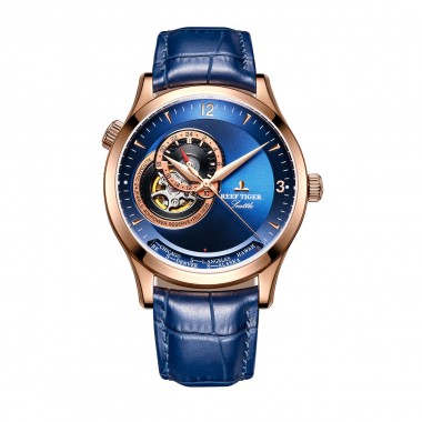 Reef Tiger/RT Casual Automatic Watches for Men Rose Gold Blue Dial Watch Leather Strap RGA1693