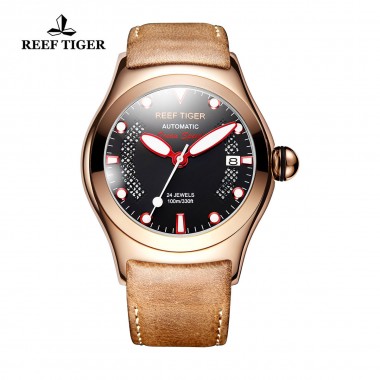 Reef Tiger/RT Men Sport Luxury Luminous Watches with Date Calfskin Leather Automatic Dark Wrist Watches RGA704