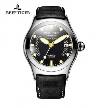 Reef Tiger/RT Luminous Sport Watches for Mens Steel Big Skeleton Dial with Date Leather Strap Self-winding Wrist Watch RGA704