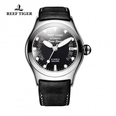 Reef Tiger/RT Casual Sport Luminous Watches for Mens Steel Big Skeleton Dial with Date Self-winding Leather Strap Wrist Watch RGA704