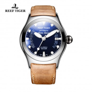 Reef Tiger/RT Fashion Men's Luminous Sport Watches Steel Big Skeleton Dial with Date Leather Strap Self-winding Wrist Watch RGA704