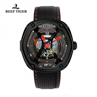Reef Tiger/RT Fasion Dive Design Watches Skeleton Dial Super Luminous Nylon/Leather/Rubber Strap Design Watch For Men RGA90S7