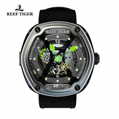 Reef Tiger/RT Men's Luxury Dive Sport Watch Luminous Dial Nylon/Leather/Rubber Strap Automatic Creative Design Watch RGA90S7