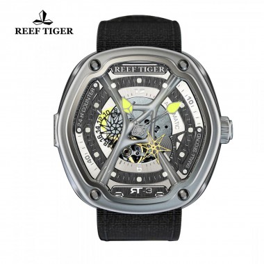 Reef Tiger/RT Men's Fashion Skeleton Dial Watch Luminous Top Brand Automatic Watches Nylon/Leather/Rubber Strap Watch RGA90S7