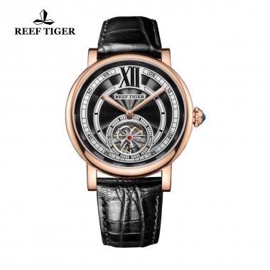 Reef Tiger/RT Luxury Casual Rose Gold Watches for Men Genuine Leather Strap Tourbillon Automatic Watches RGA192