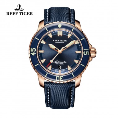 Reef Tiger/RT Dive Watches for Men Rose Gold Blue Dial Super Luminous Watches Analog Automatic Watches RGA3035