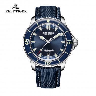 Reef Tiger/RT Super Luminous Dive Watches Mens Blue Dial Analog Automatic Watches Nylon Strap RGA3035