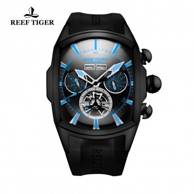 Reef Tiger/RT Men's Casual Sport Watches Rubber Strap Luminous Black Steel Tourbillon Watch Analog Automatic Watches RGA3069