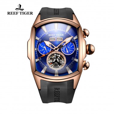 Reef Tiger/RT Big Dial Sport Watch for Men Luminous Analog Display Tourbillon Watches Rose Gold Blue Dial Wrist Watches RGA3069