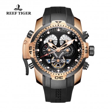 Reef Tiger/RT Designer Mens Watch Black Big Dial Complicated Watch with Perpetual Calendar Rubber Strap Watches RGA3503