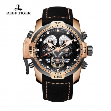 Reef Tiger/RT Luxury Sport Rose Gold  Watches for Men Genuine Black Leather Strap Automatic Wrist Watch RGA3503