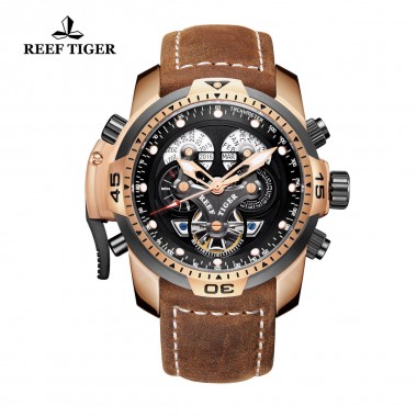 Reef Tiger/RT Sport Watches for Men Genuine Brown Leather Strap Rose Gold Automatic Wrist Watch RGA3503