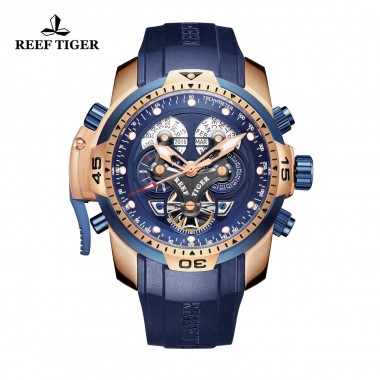 Reef Tiger/RT Sport Mens Watch with Complicated Big Dial Perpetual Calendar Steel Mechanical Watch RGA3503