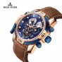 Reef Tiger/RT Sport Watches Blue Big Dial for Men Genuine Brown Leather Strap Rose Gold Automatic Wrist Watch RGA3503