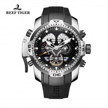 Reef Tiger/RT Sport Fashion Steel Watches Genuine Black Rubber Strap Automatic Wrist Watch for Men RGA3503