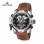 Reef Tiger/RT Sport Watch with Perpetual Calendar Date Day Steel Case Brown Leather Strap Mechanical Men's Watches RGA3503