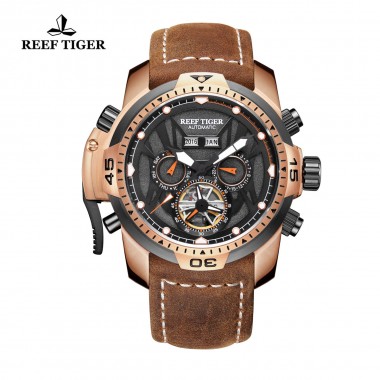 Reef Tiger/RT Gent Sport Watches with Complicated Dial Multi-functional Automatic Brown Calfskin Strap Watch RGA3532